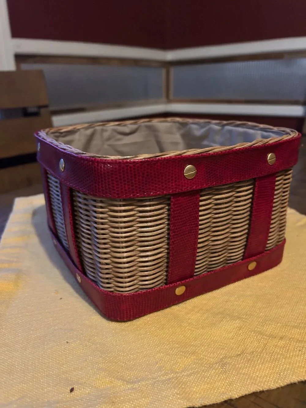 Wicker Basket  w burgundy leather straps   lined   9x9  5in  height